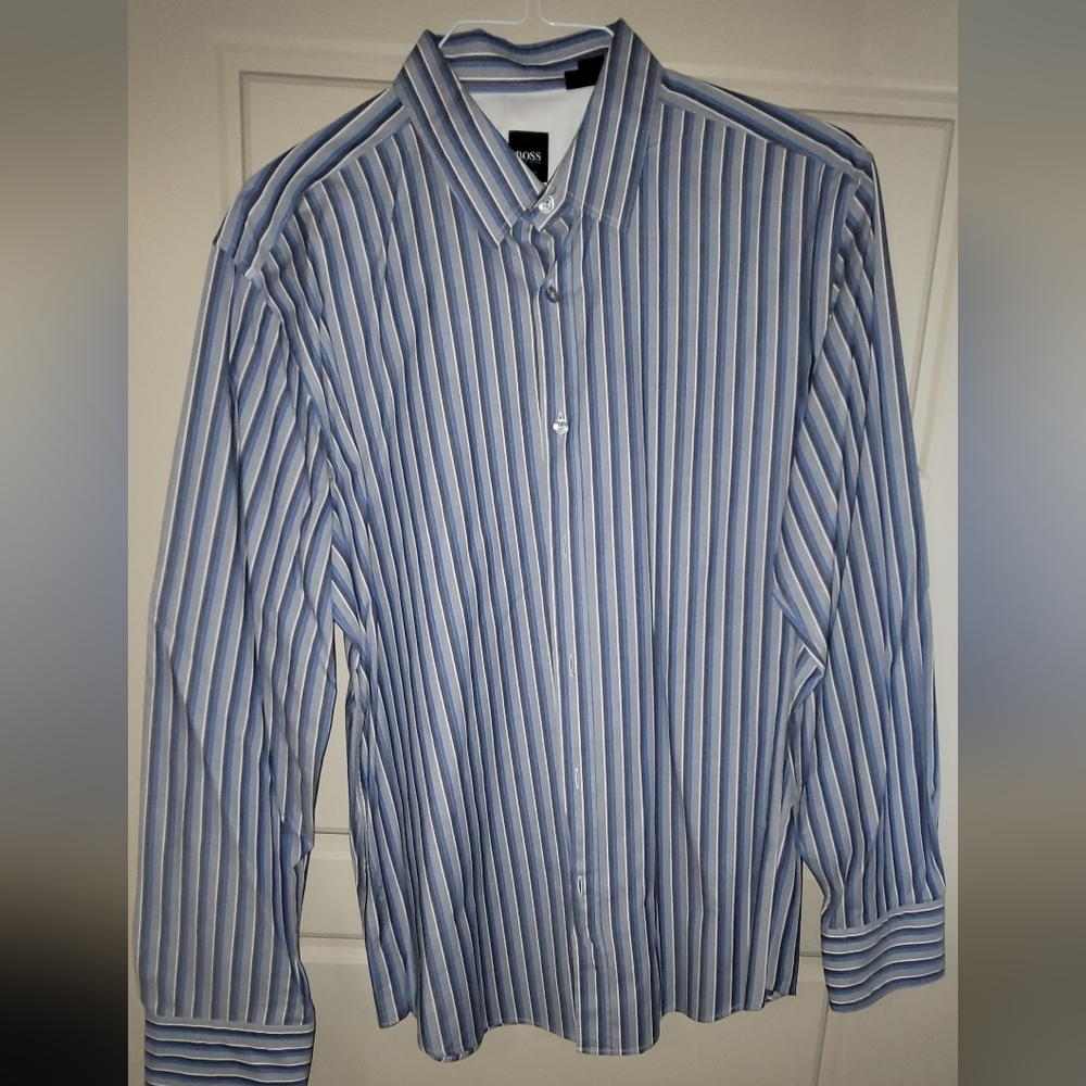 Hugo Boss Men's Blue White & Gray Striped Luxury Designer Button Down Shirt